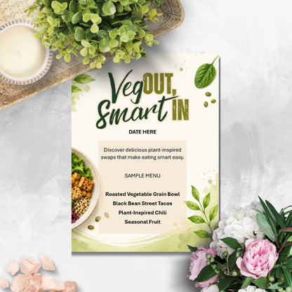 A printed menu card styled on a light stone surface with greenery and flowers around it. The card reads 'Veg OUT, Smart IN' and includes a sample plant-based menu, making this a Product/Packaging image rather than an auxiliary chart or lifestyle scene.