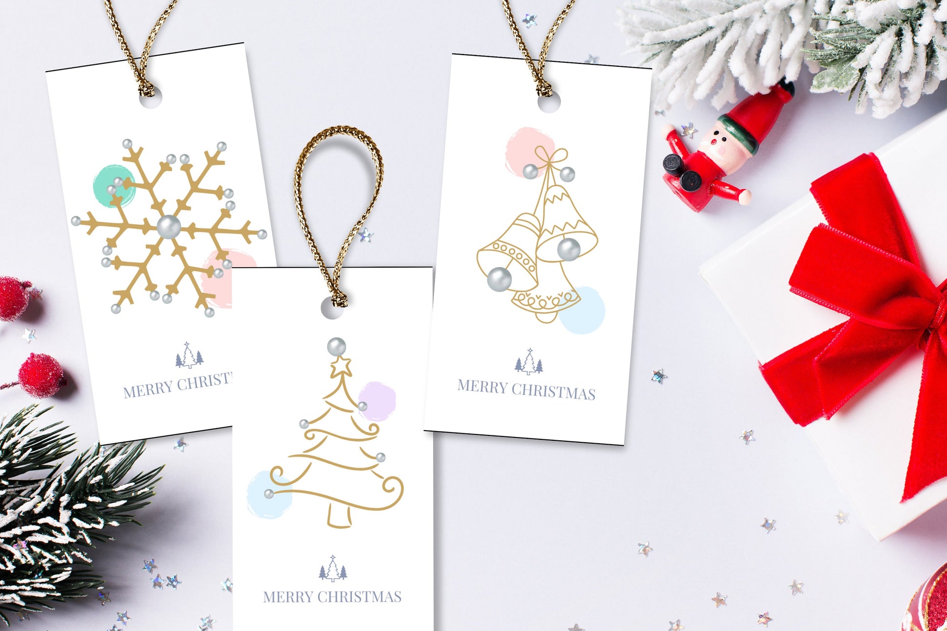 Elegant Line Art Pastels Christmas Gift Tags - Set of 8 Tags to Add a Touch of Luxury to Your Presents