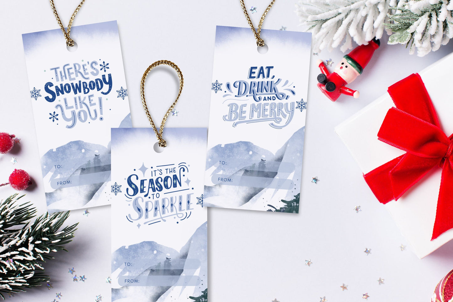 Minimalist Winter Blue Watercolor Christmas Gift Tags - Set of 8 Printable Tags for Chic and Festive Holiday Giving