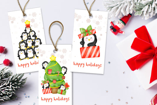 Cheerful Penguin Christmas Gift Tags - Set of 8 Printable Tags in a Festive Green, Red, and Yellow Palette for Holiday Joy