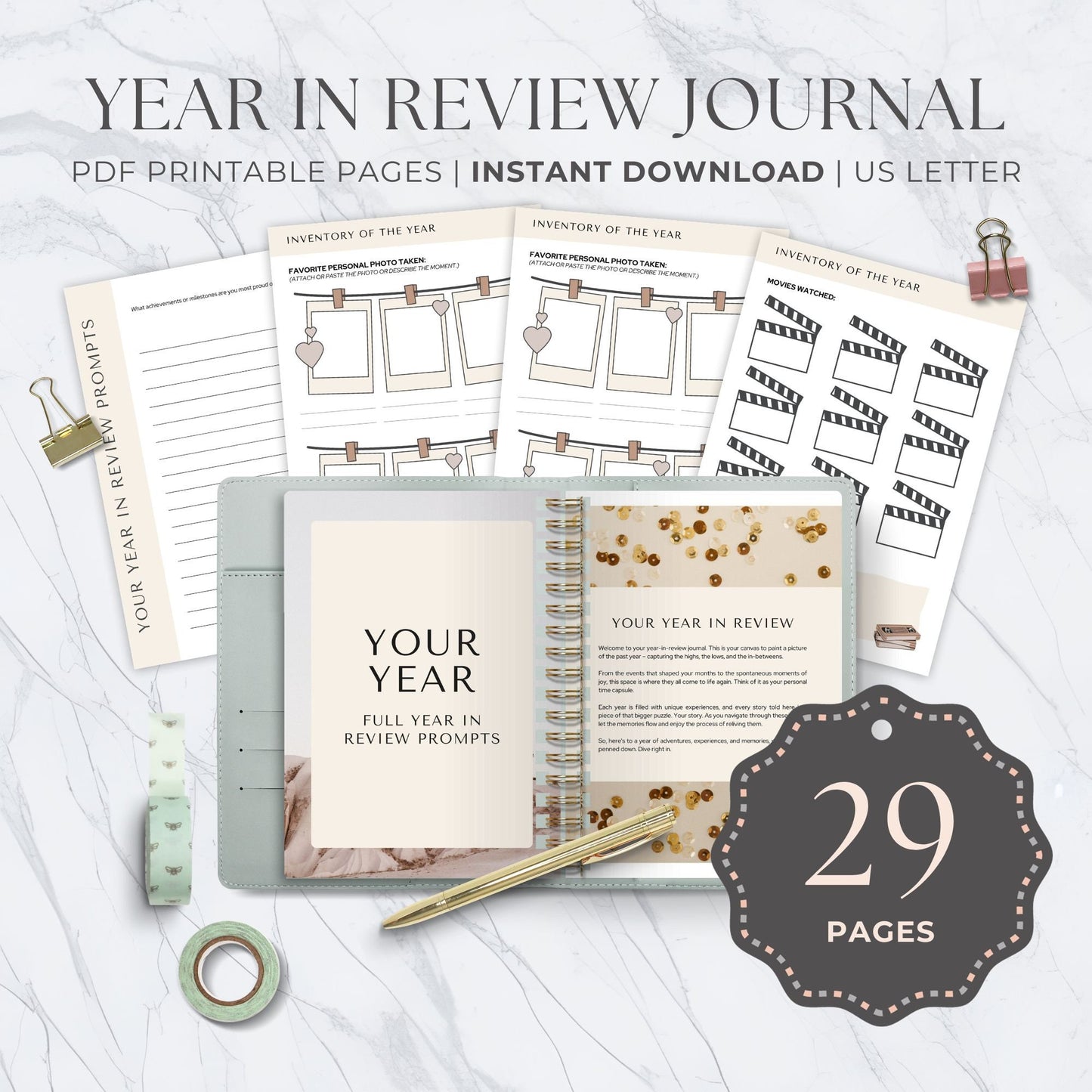 All-in-One Year in Review Journal Prompts - 29 Printable Pages for Reflective Moments and Goal Setting, Ideal for Print or Digital Use