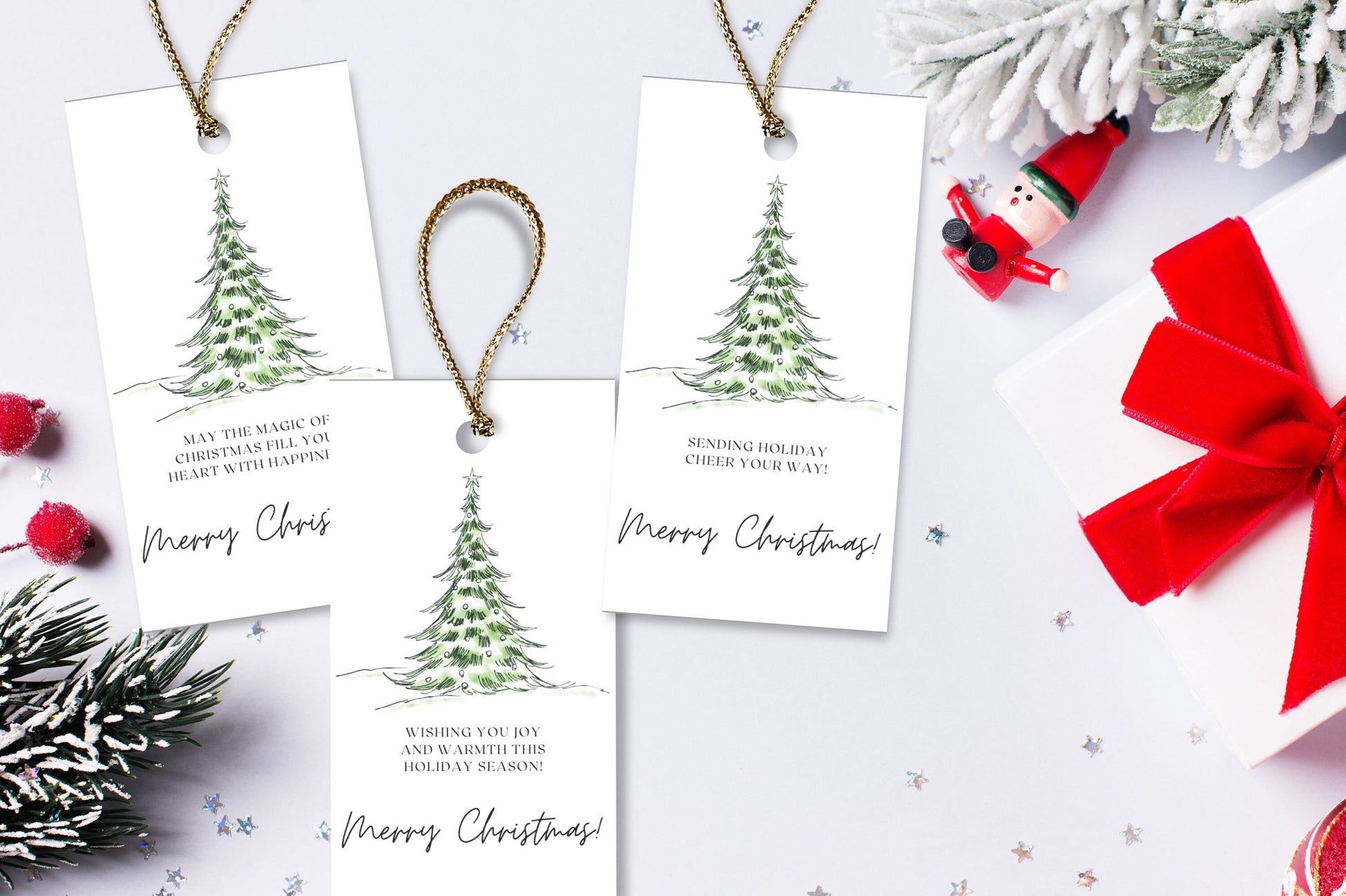 Elegant Minimalist Green Tree Christmas Gift Tags - Set of 8 Printable Tags for Stylish and Festive Holiday Giving