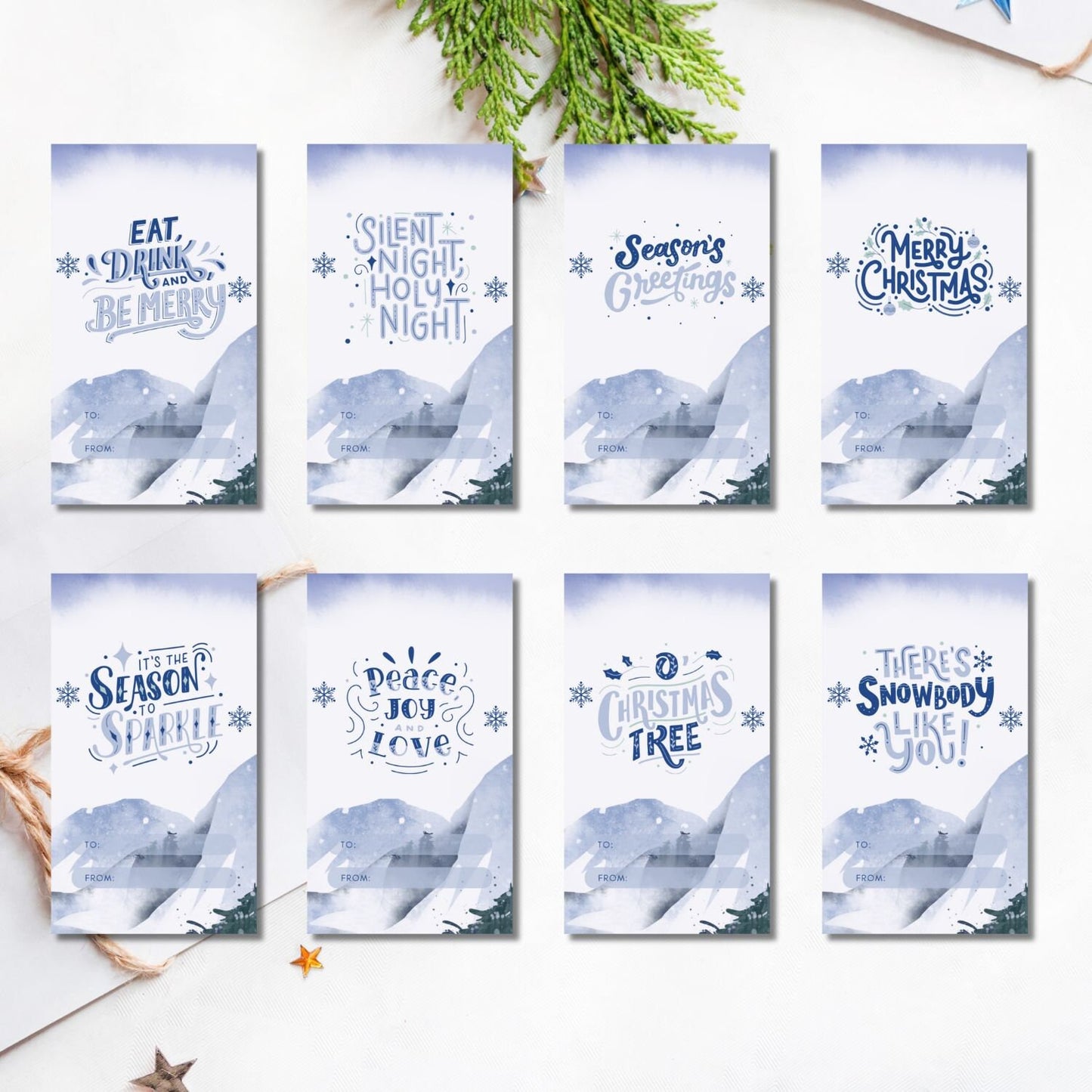 Minimalist Winter Blue Watercolor Christmas Gift Tags - Set of 8 Printable Tags for Chic and Festive Holiday Giving