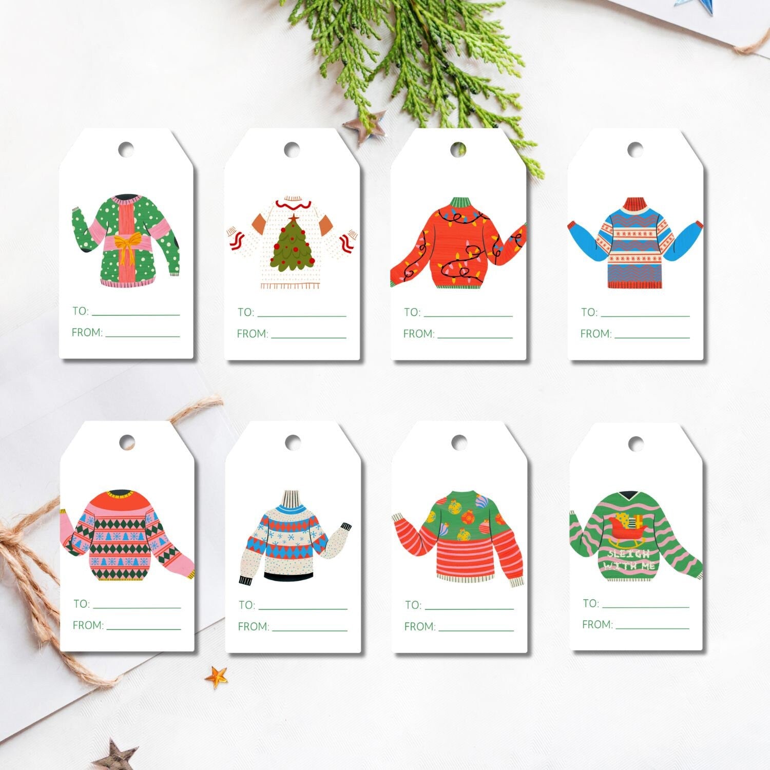 Ugly Sweater Christmas Tags - Set of 8 Festive and Fun Holiday Gift Tags