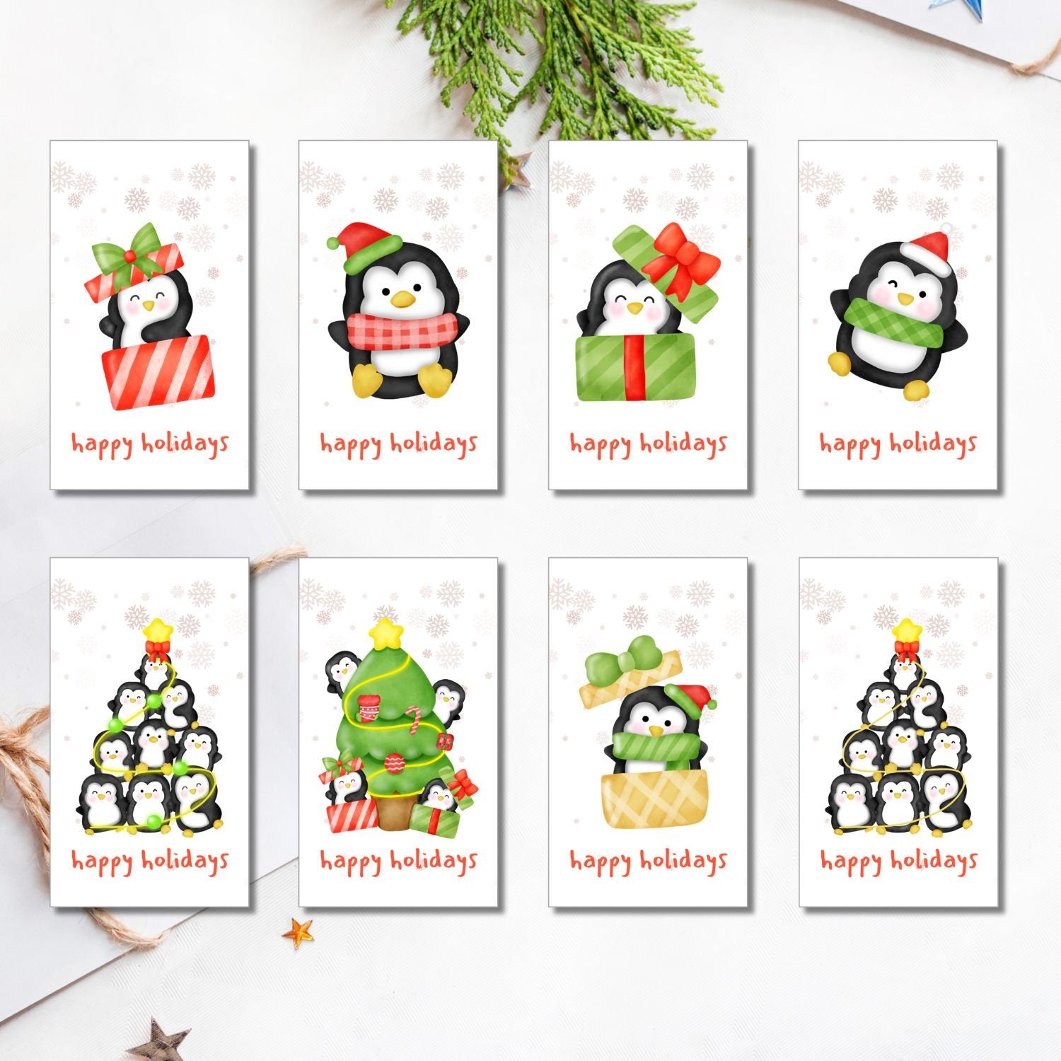 Cheerful Penguin Christmas Gift Tags - Set of 8 Printable Tags in a Festive Green, Red, and Yellow Palette for Holiday Joy