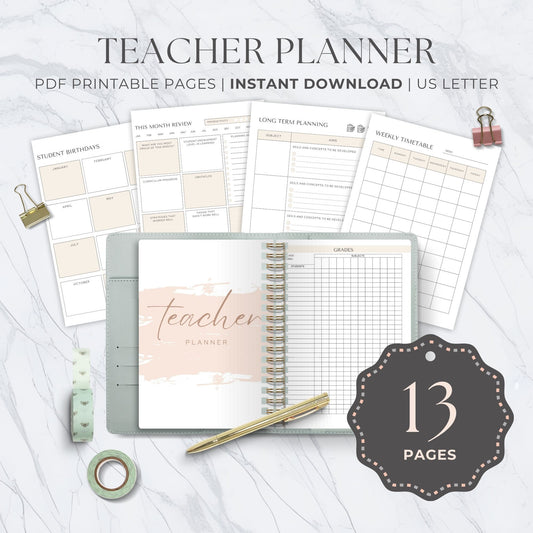 Comprehensive Printable Teacher Planner - 13 Pages of Organizational Tools and Resources for Educators, Ideal for Classroom Efficiency