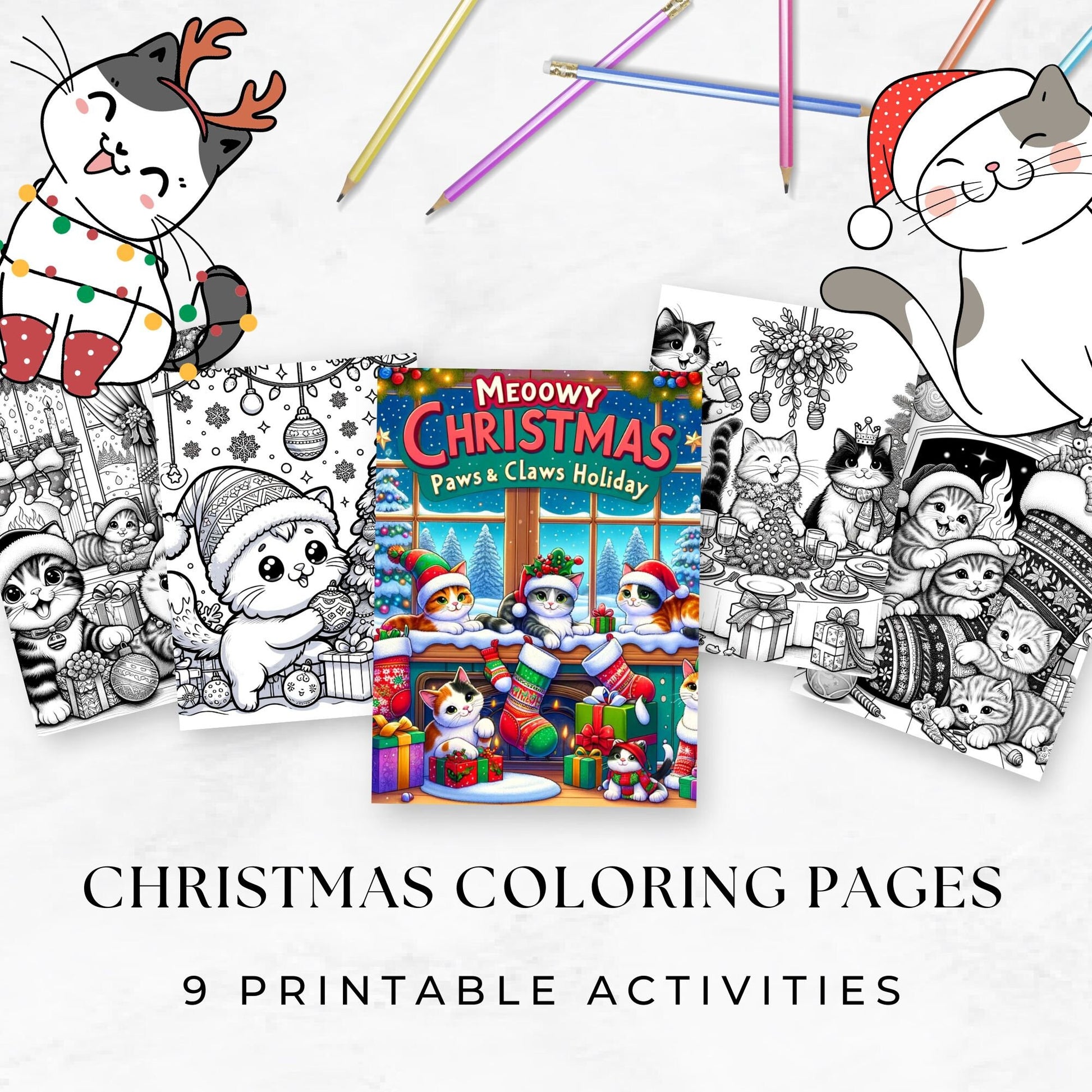 Christmas Coloring Pages | Printable Christmas Coloring Book | Cats Coloring Pages | Printable Coloring Pages | Digital Download