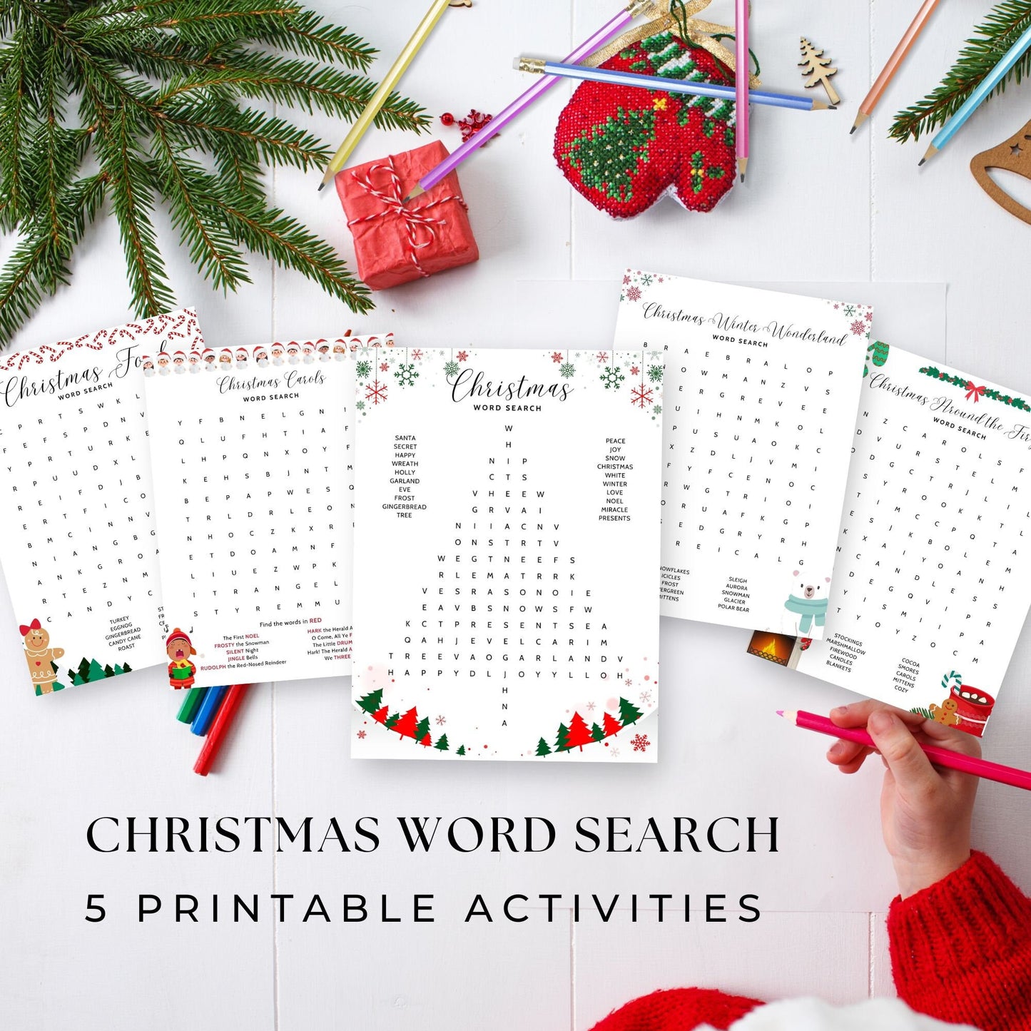 Festive Christmas Word Search Activities Bundle - 5 Puzzles with Answers - Printable Holiday Fun