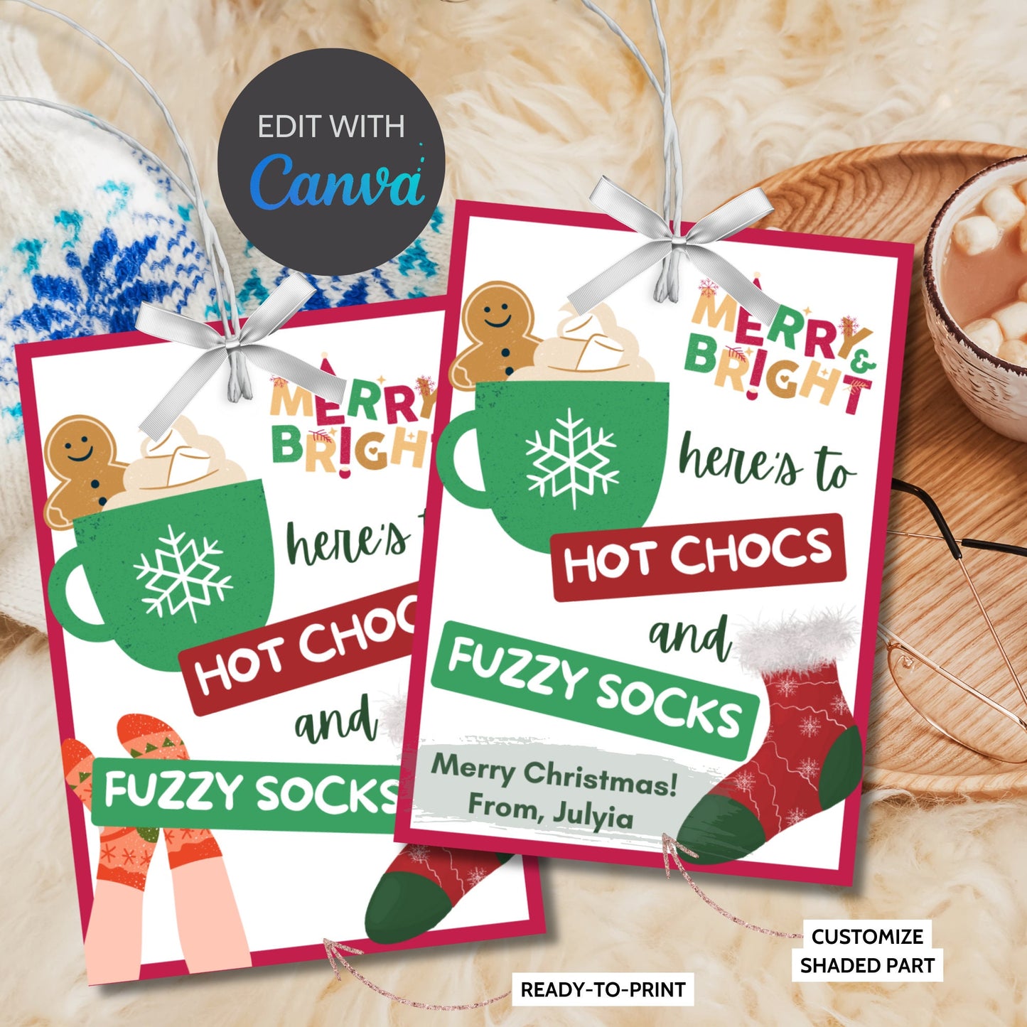 Hot Chocs and Fuzzy Socks, Here’s to Hot Chocs, Christmas Socks Tag, Hot Cocoa Gift Tag, PTA Thank You Teacher Staff Nurse Appreciation Tag