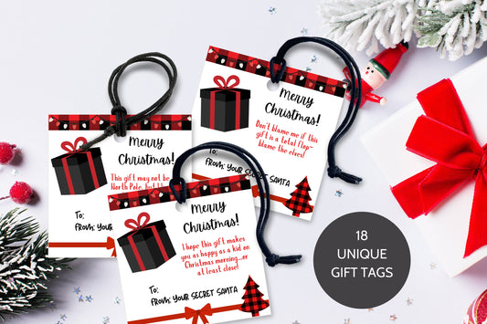 Printable Secret Santa Gift Tag, Black Red Secret Santa Tag, Instant Download