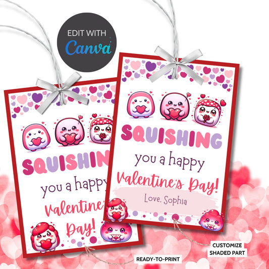 Kids Valentine Favor Tag | Squishing You a Happy Valentines | Squishmallow Valentine Printable | Valentine Class Favor & Gift Tags