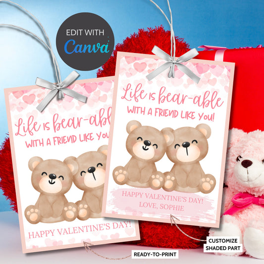 Printable Bear Valentine Tag | Teddy | Bear Valentine Sticker | Friend School Classmate Coworker | Instant Download | Printable Valentine