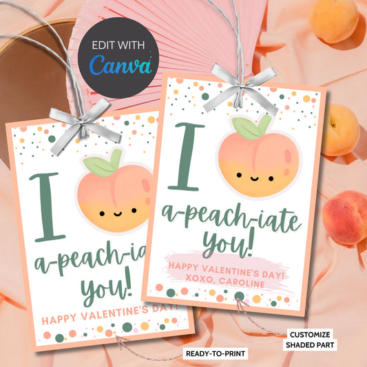 Printable Peach Valentine Tag | I Apeachiate You | Peachy Fuzz Valentine Stickers | Instant Download | New Year | Teacher Friend School PTA