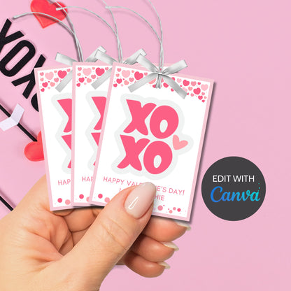 Printable XOXO Valentine Tag Card, Teacher Friend PTO Classroom Valentines, Valentine Treat Bag Tag, Editable with Canva, Instant Download