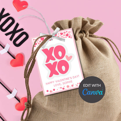 Printable XOXO Valentine Tag Card, Teacher Friend PTO Classroom Valentines, Valentine Treat Bag Tag, Editable with Canva, Instant Download