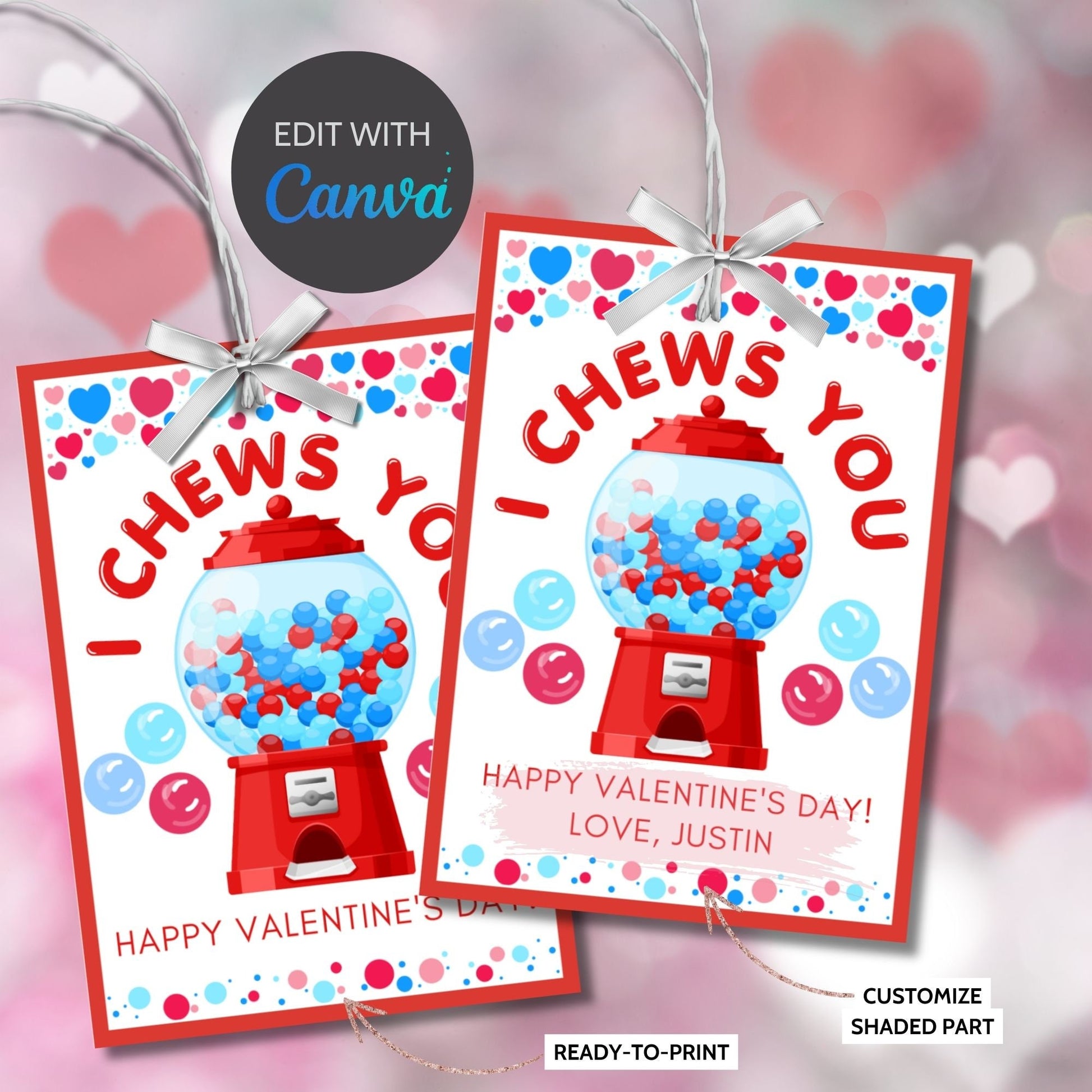 I Chews You From Boy | I Choose You | Gumball Machine Kid Valentine Card | Preschooler Daycare | Class Favor | Easy Valentine | Editable Bubble Gum