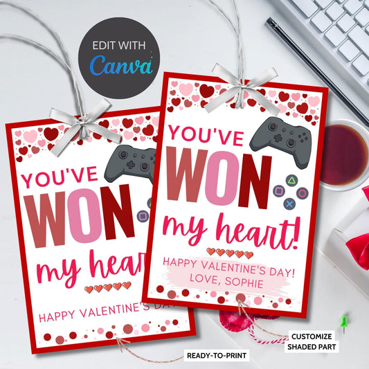 Printable Gamer Valentine | Classroom Valentine | Youve Won My Heart | Easy Valentine | Editable Video Game Valentine | Instant Download