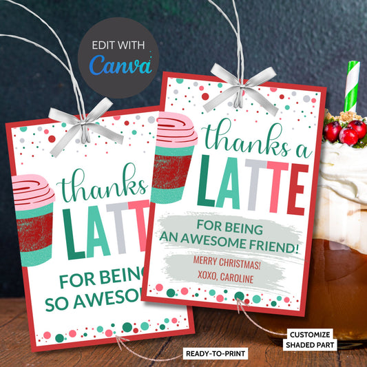 Thanks a Latte, Coffee Lover, I Love Coffee, Christmas Gift Tags, Coffee Themed, Barista Gift, Coffee Shop, Editable Printable, Coffee Gift