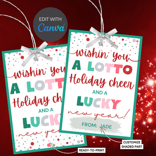 Printable Lotto Gift Tag, Wishing You a Lotto Holiday Cheer, Lottery Editable Tag, Personalize with Canva, Instant Download