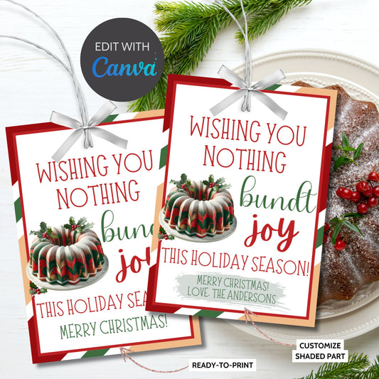 Christmas Tags Neighbor, Christmas Bundt Cake Gift, Wishing You A Bundtch Of Joy, Christmas Bundt Printable , Wishing You Nothing Bundt Joy