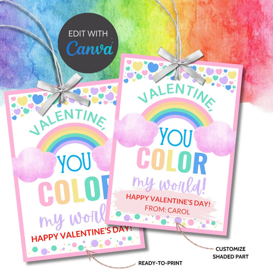 Printable Editable Rainbow Valentine Boy Girl | Valentine Gift Tag | Printable Love | Kids Pop It Valentines | V Day Party Hearts Digital