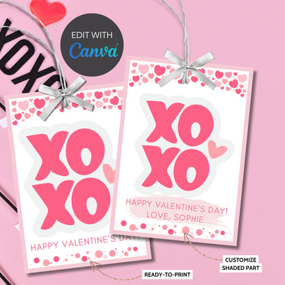 Printable XOXO Valentine Tag Card, Teacher Friend PTO Classroom Valentines, Valentine Treat Bag Tag, Editable with Canva, Instant Download