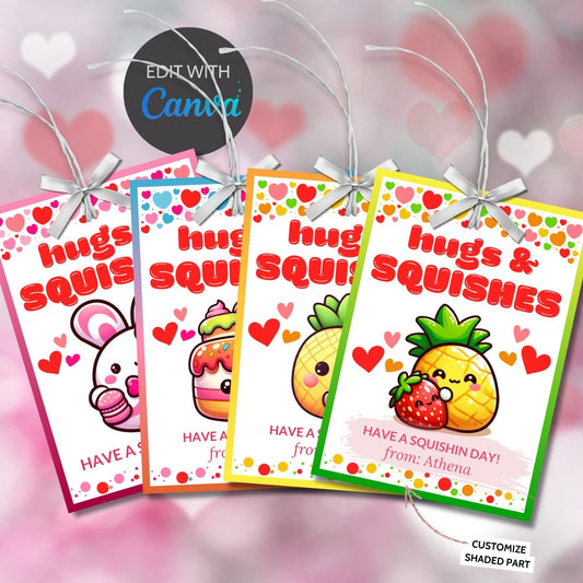 Printable Valentine Squishmallow Tag | Squishin Day | Hugs Squishes | Kids Valentine Favor Tag | Valentine Class Favor Gift Tag