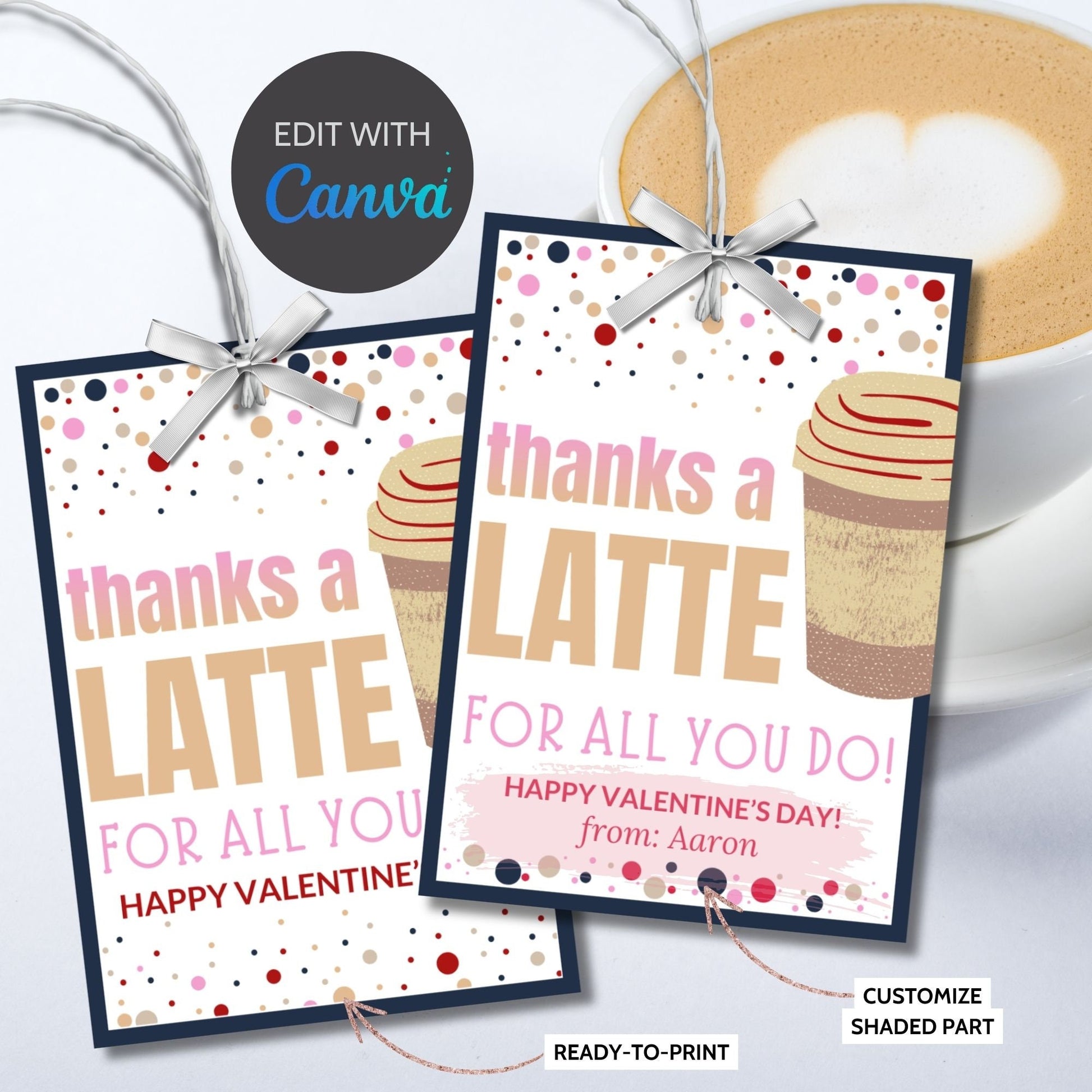 Printable Coffee Gift Tag | Thanks A Latte | Teacher Staff Coworker Appreciation Valentine Present | Gift Card | Employee Gift