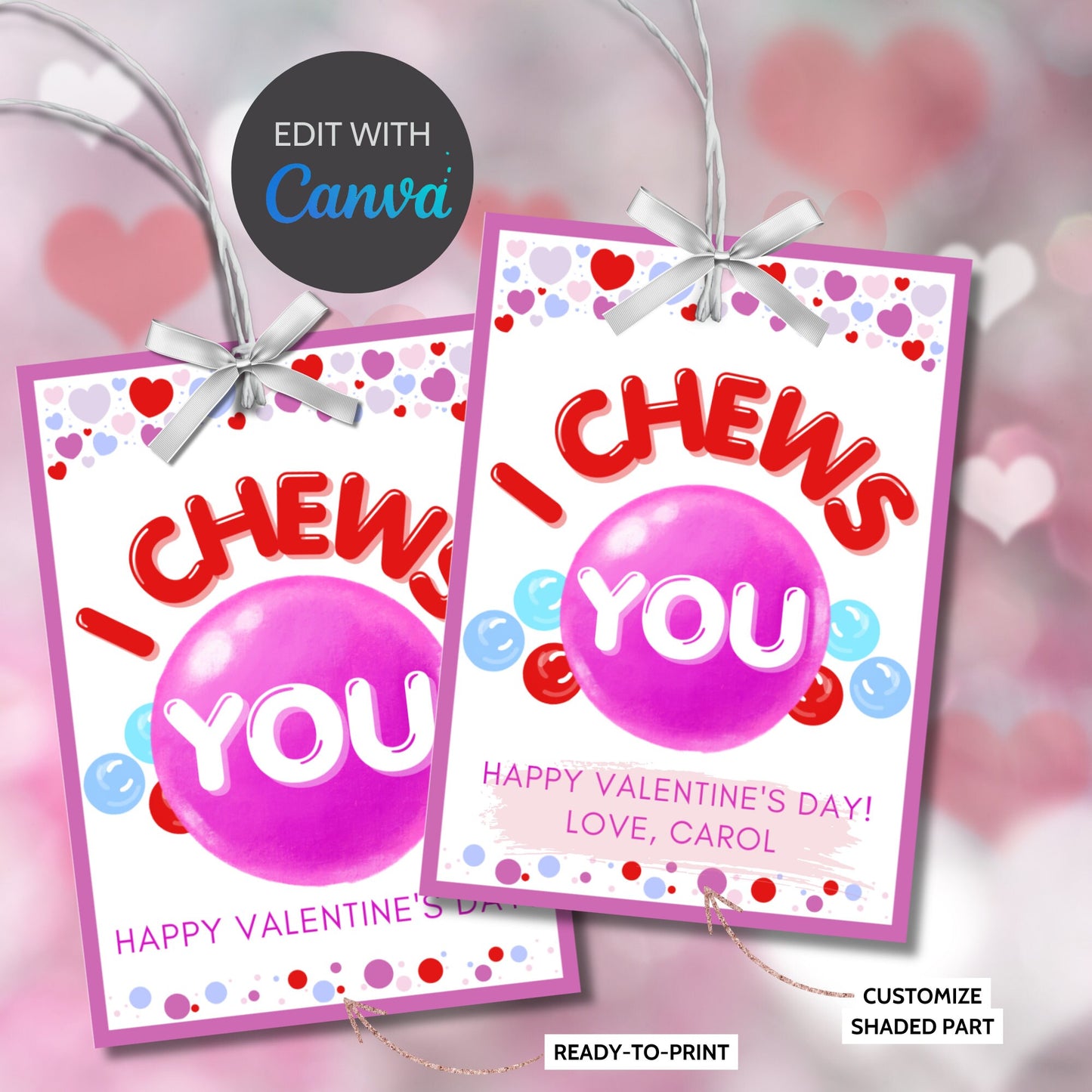 I Chews You | I Choose You | Gumball Machine Kid Valentine Card | Preschooler Daycare | Class Favor | Editable Bubble Gum