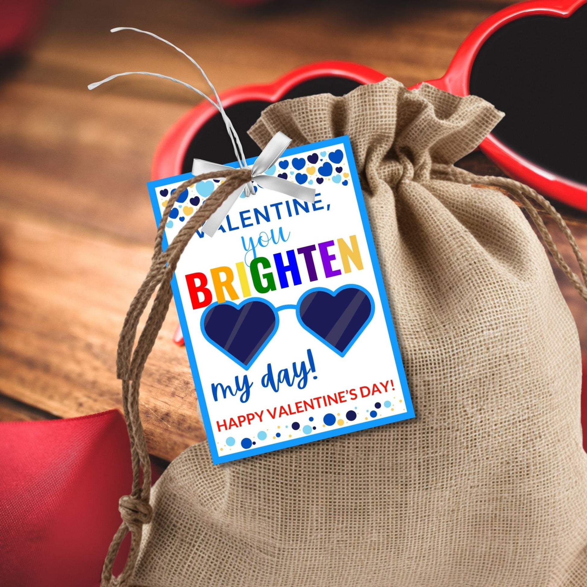 Printable Sunglasses Valentine | You Brighten My Day | Boy Valentine | Valentines For Kids | Editable Heart Sunglasses Valentines Day Tag