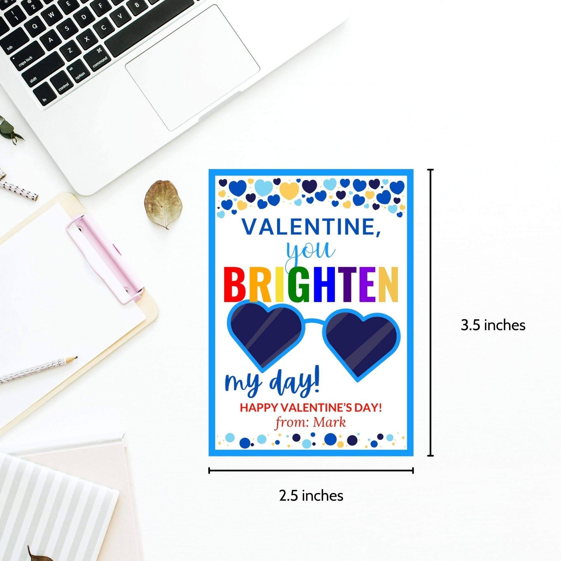 Printable Sunglasses Valentine | You Brighten My Day | Boy Valentine | Valentines For Kids | Editable Heart Sunglasses Valentines Day Tag