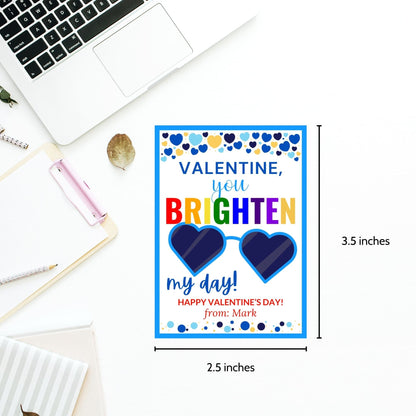 Printable Sunglasses Valentine | You Brighten My Day | Boy Valentine | Valentines For Kids | Editable Heart Sunglasses Valentines Day Tag