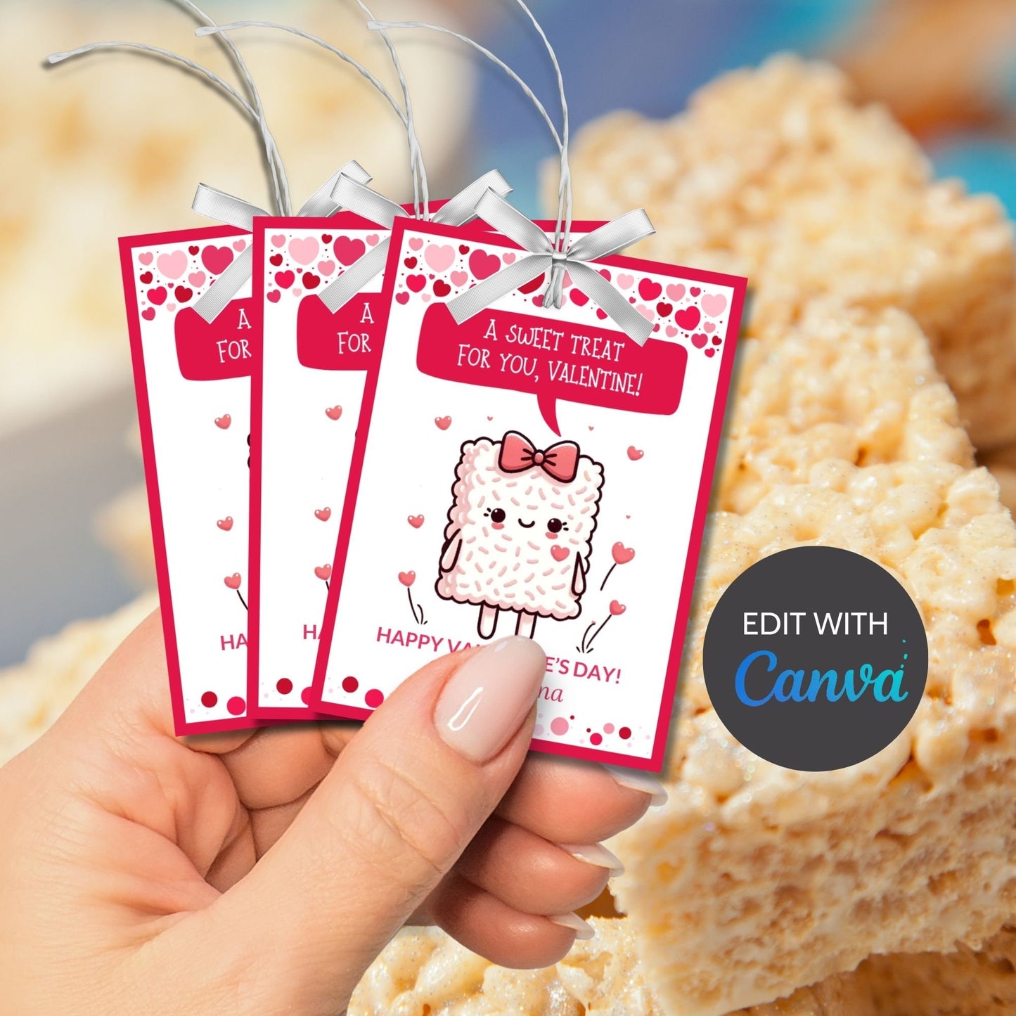 Rice Krispy Treat Printable Valentine Cards | Rice Crispies | Kids Classmate Classroom Friend Snack Bars | Pdf Printable Editable Name