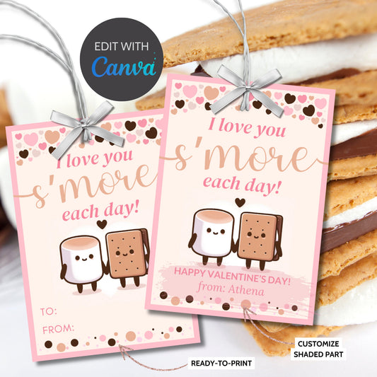 I Love You Smore Each Day Valentine Printable Tag | Editable | Smores Bar | Smores Valentine | Teacher Friend Classmate Smores