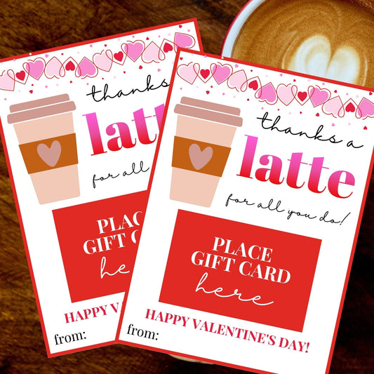 Thanks a Latte Valentine Gift Card Holder | Coffee Gift Card Teacher Nurse PTA PTO Coworker Colleague Friend Gift Card | Pink Beige Tan Red