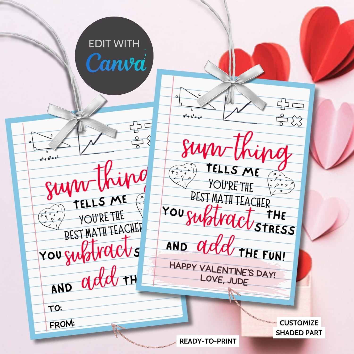 Math Teacher Valentine Gift Tag | Sumthing Tells Me | Multiply Fun | Subtract Stress | Thank You Tag | Educator Student Teacher Staff