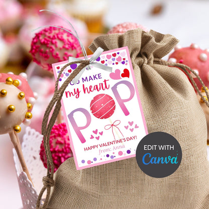 Printable Editable Valentine Cake Pop Tag | School Tag | Editable You Make My Heart Pop Valentine | Valentine Favor Tag | Valentine Gift Tag