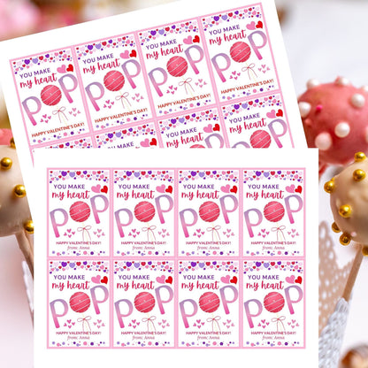 Printable Editable Valentine Cake Pop Tag | School Tag | Editable You Make My Heart Pop Valentine | Valentine Favor Tag | Valentine Gift Tag