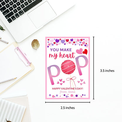 Printable Editable Valentine Cake Pop Tag | School Tag | Editable You Make My Heart Pop Valentine | Valentine Favor Tag | Valentine Gift Tag