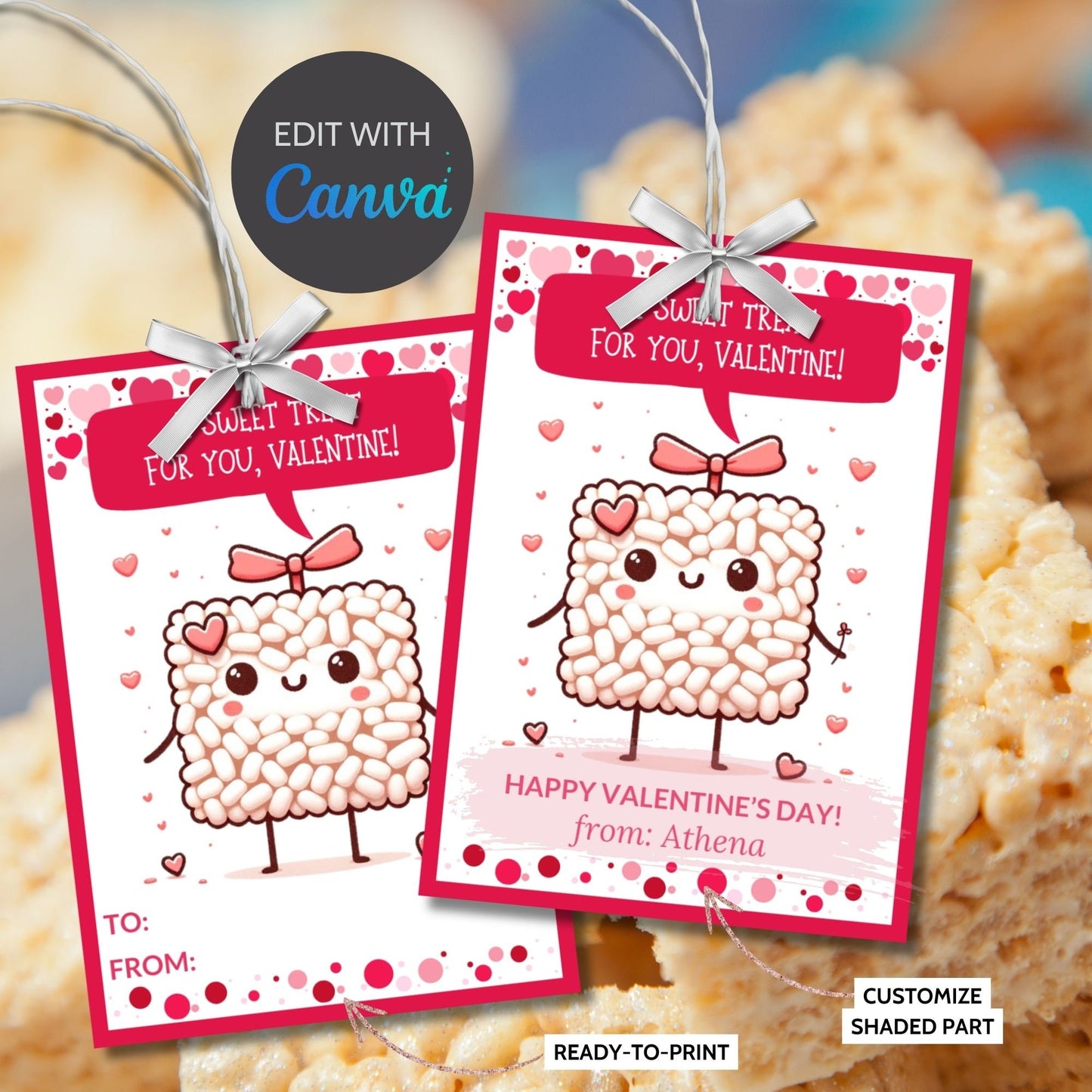 Rice Krispy Sweet Treat Printable Valentine Card Tag | Rice Crispies | Kids Classmate Classroom Friend Snack Bar Favor Tag | Editable Canva