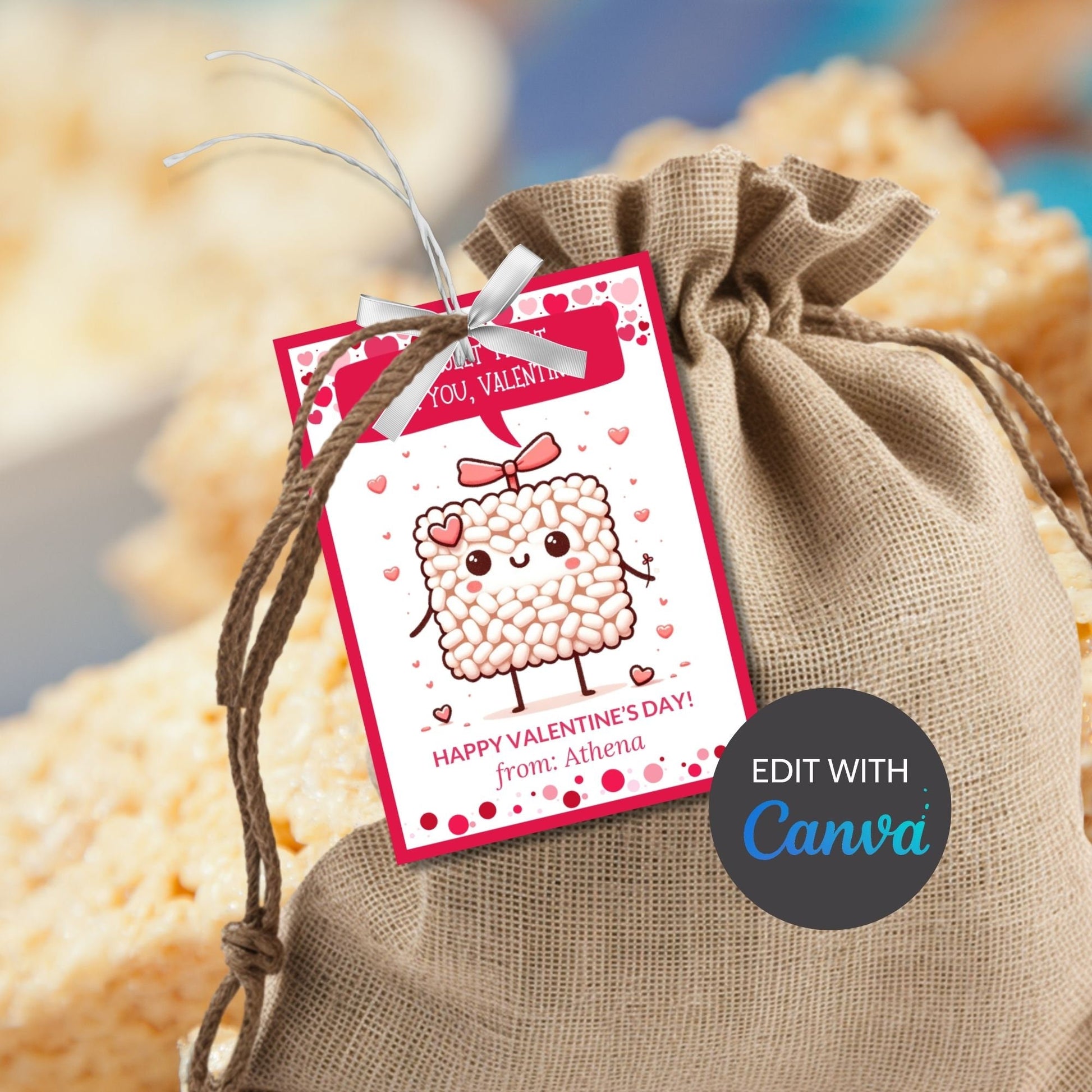 Rice Krispy Sweet Treat Printable Valentine Card Tag | Rice Crispies | Kids Classmate Classroom Friend Snack Bar Favor Tag | Editable Canva