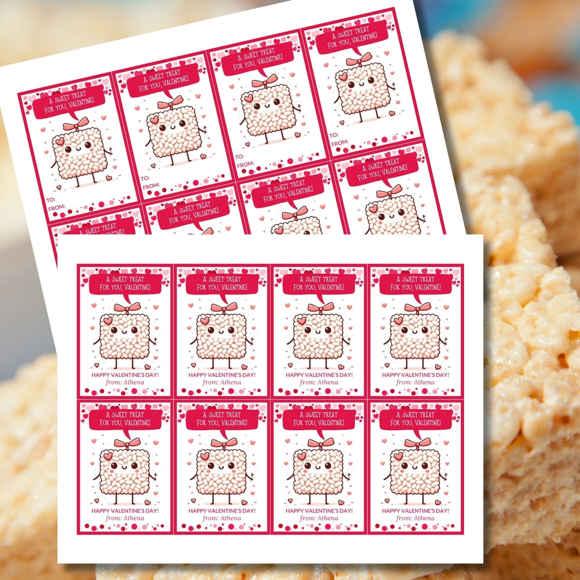 Rice Krispy Sweet Treat Printable Valentine Card Tag | Rice Crispies | Kids Classmate Classroom Friend Snack Bar Favor Tag | Editable Canva