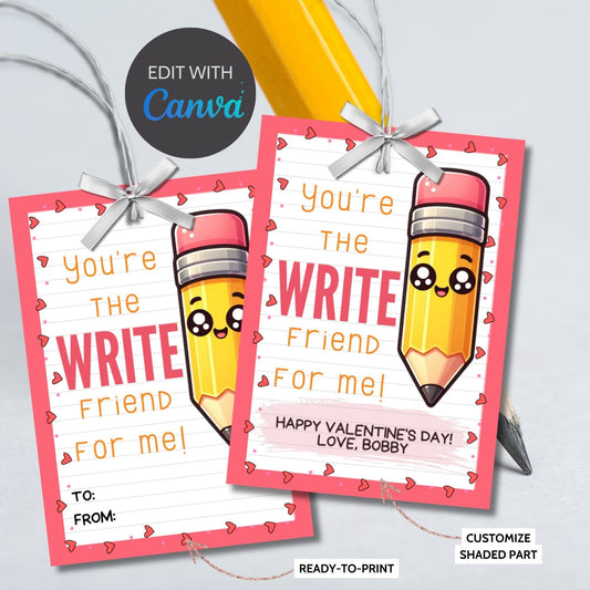 Pencil Valentine Printable Tags | Youre The Write Friend | Pencil Tag Valentines Day Printable | Kids Class Student Friend Valentine Cards