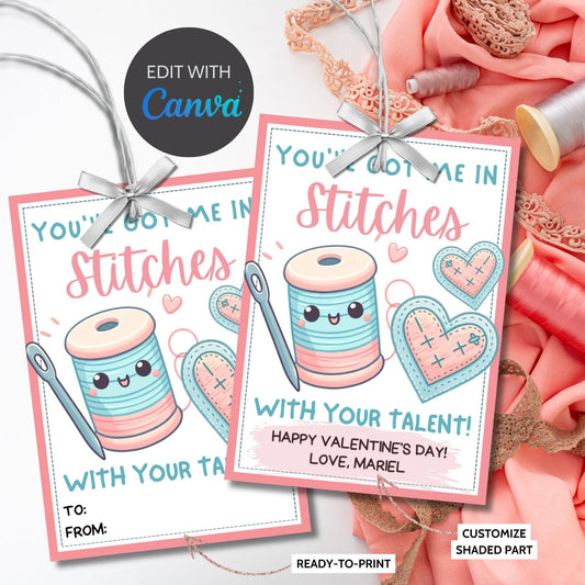 Sewing Valentine Tag | Youve Got me In Stitches | Teacher Class Non-Candy Printable Editable Tag | Seamstress Embroidery Sewing | Crafty