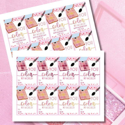 Makeup Eyeshadow Valentine Tag | You Color My World | Galentine Girlfriend Sister Friend Printable Editable Tag | Beauty | Color Palette