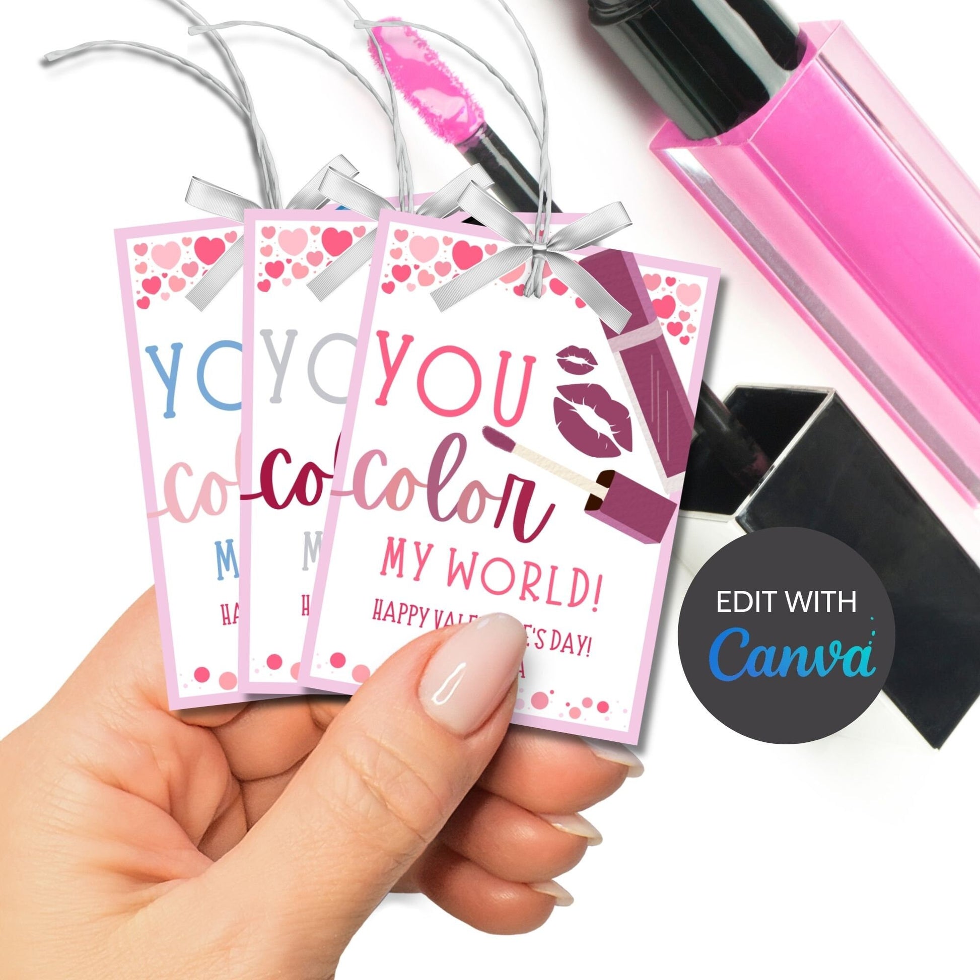 Makeup Lipgloss Valentine Tag | You Color My World | Galentine Girlfriend Sister Friend Printable Editable Tag | Beauty | Color Palette