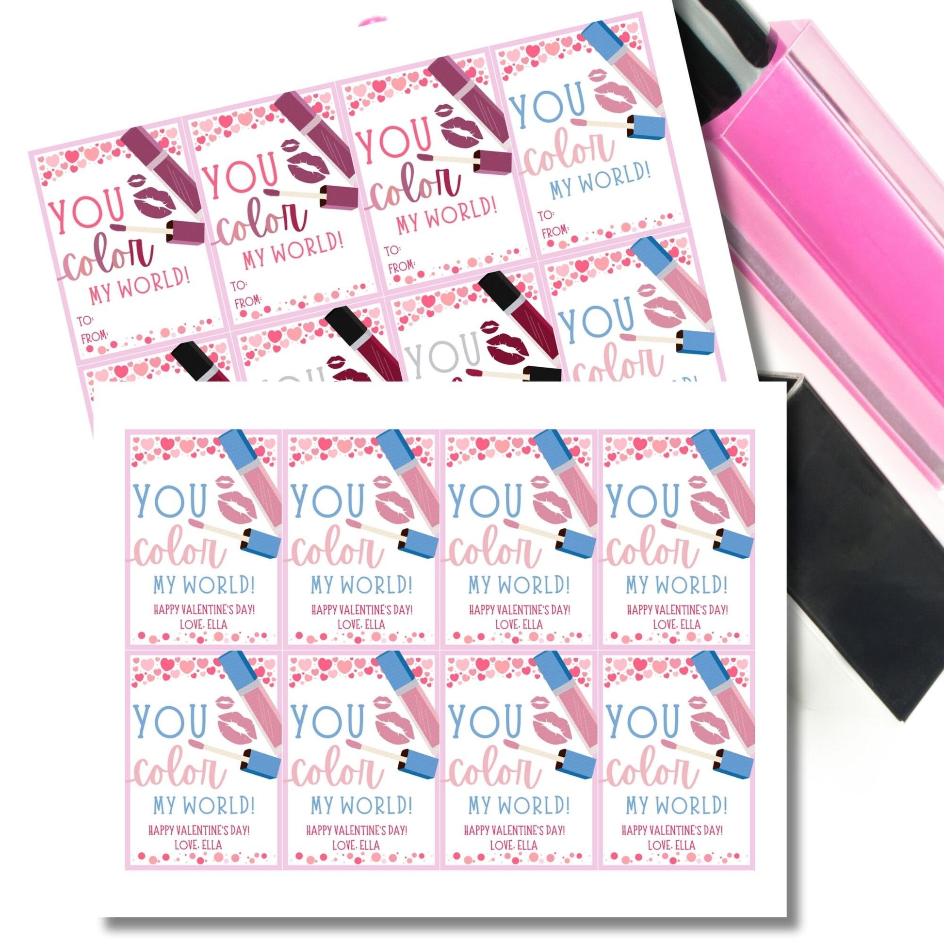 Makeup Lipgloss Valentine Tag | You Color My World | Galentine Girlfriend Sister Friend Printable Editable Tag | Beauty | Color Palette