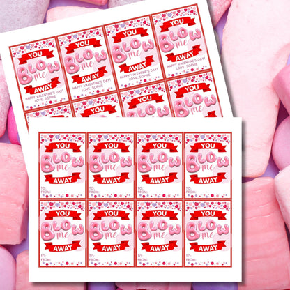 Bubble Gum Valentine Printable Editable | You Blow Me Away | Valentines Sticker | Preschool Classroom Printable Kids Non-Candy Valentine Tag