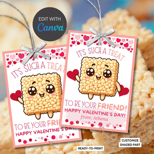 Rice Krispy Treat Printable Valentine Cards | Rice Crispies | Kids Classmate Classroom Friend Snack Bars | Pdf Printable Editable Name