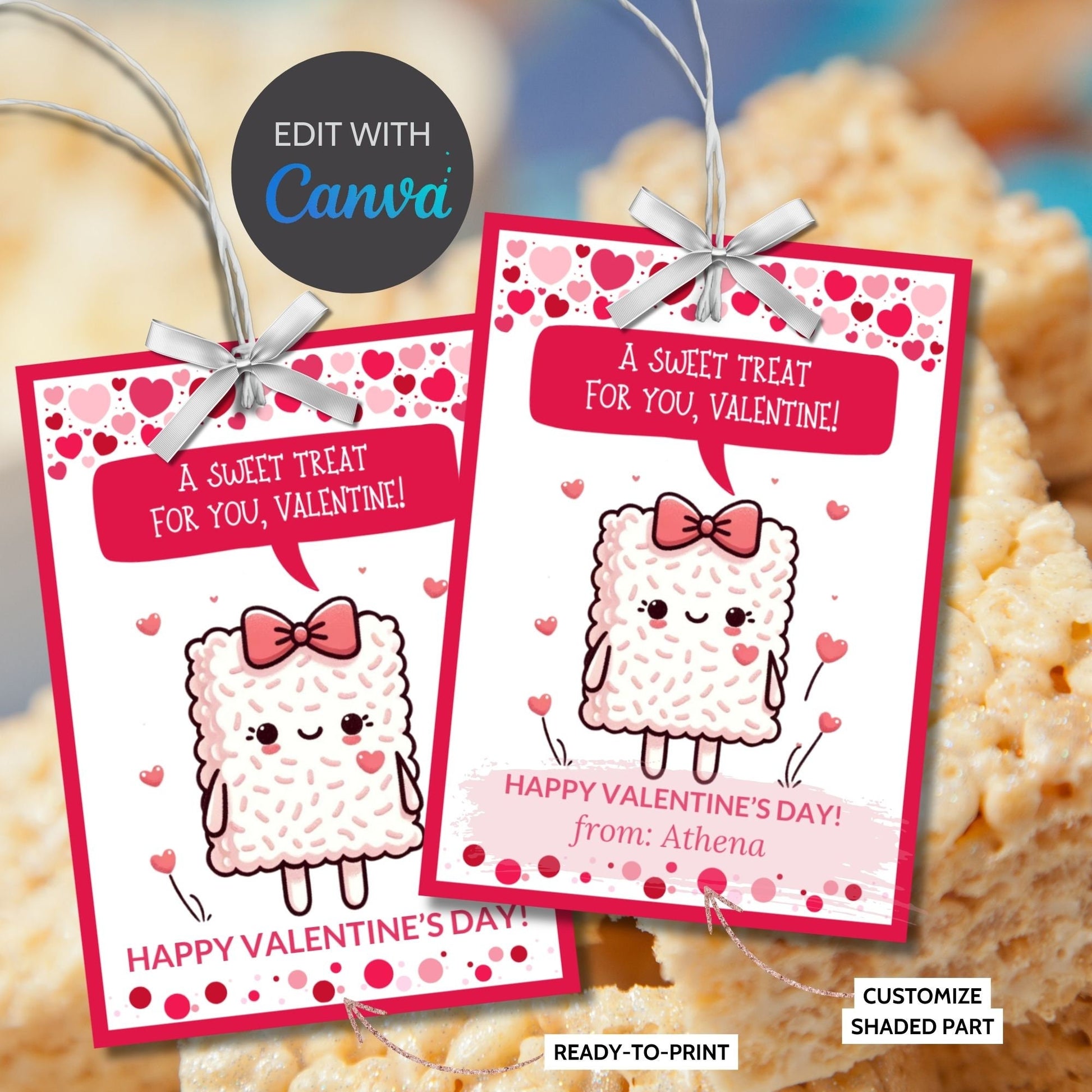 Rice Krispy Treat Printable Valentine Cards | Rice Crispies | Kids Classmate Classroom Friend Snack Bars | Pdf Printable Editable Name